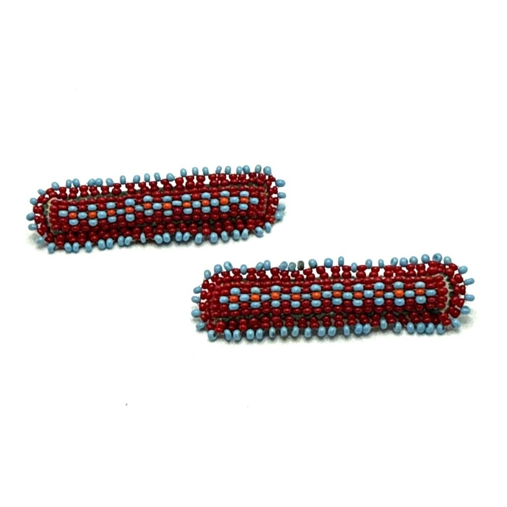 Vintage 1960s Native American Indian Hair Barrettes Hand Beaded Clip 2 pcs 2.5"